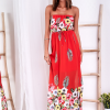 SCANDEZZA Czerwona długa sukienka z kolorowymi kwiatami - zdjęcie 3