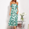 SCANDEZZA Biało-zielona sukienka maxi off shoulder w li¶cie - zdjęcie 4
