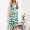 SCANDEZZA Biało-zielona sukienka maxi off shoulder w li¶cie - zdjęcie 5
