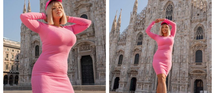 Sukienka plus size na co dzień hurt z golfem w kolorze różowym