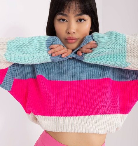 Niebiesko-fluo różowy sweter oversize w paski
